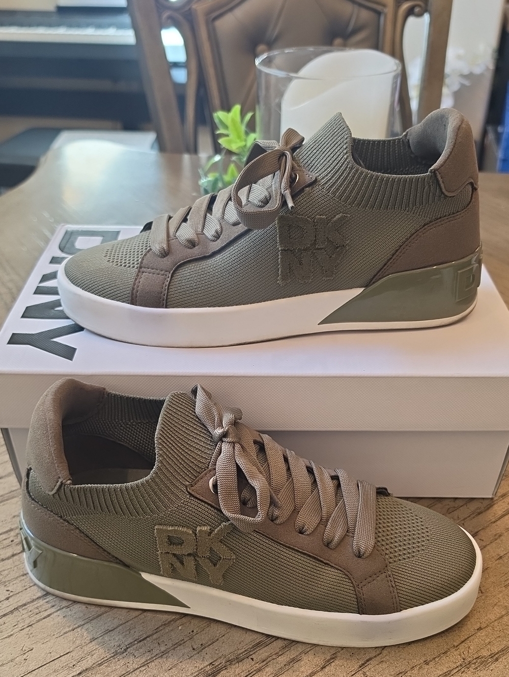 DKNY Malory Lace Up  Olive Knit Sneakers Size 8